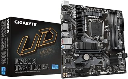 GIGABYTE B760M DS3H DDR4 Carte Mère - Prend en charge les processeurs Intel Core de 14e génération, VRM numérique 6+2+1 phases, jusqu'à 5333MHz DDR4 (OC), 2xPCIe 4.0 M.2, LAN 2.5GbE, USB 3.2 Gen2