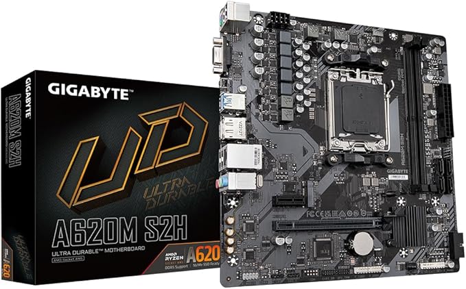 GIGABYTE A620M S2H Carte Mère - Prend en Charge Les processeurs AMD Ryzen 8000, VRM numérique 5+2+2 Phases, jusqu'à 7200MHz DDR5 (OC), 1xPCIe 4.0 M.2, LAN GbE, USB 3.2 Gen 1