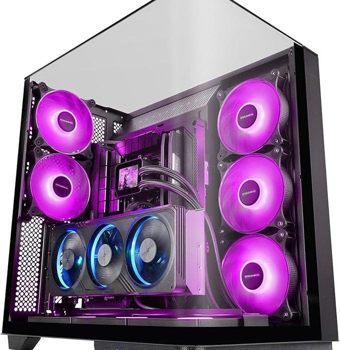 MARS GAMING MC-INFINIO, Boîtier Gaming ATX, Verre Trempé Courbé sans Cadre, 2X Ventilateurs ARGB 120mm, Montage Vertical Cartes Graphiques, Support Refroidissement Liquide Jusqu’à 360mm, USB-C, Noir