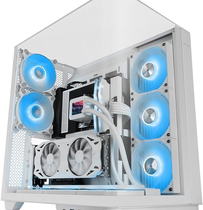 MARS GAMING MC-INFINIO, Boîtier Gaming ATX, Verre Trempé Courbé sans Cadre, 2X Ventilateurs ARGB 120mm, Montage Vertical Cartes Graphiques, Support Refroidissement Liquide Jusqu’à 360mm, USB-C, Blanc