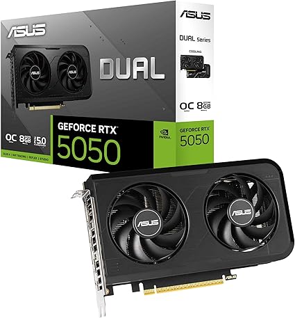 ASUS Dual NVIDIA GeForce RTX 5050 8GB GDDR6 OC Edition – Carte Graphique (PCIe 5.0, DLSS 4, HDMI 2.1b, DisplayPort 2.1b, 2 Slot, Ventilateurs axiaux, Technologie 0dB, Dual BIOS)