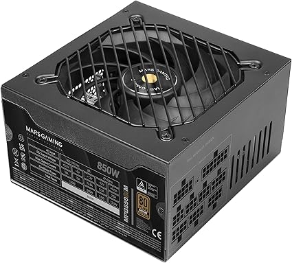 MARS GAMING MPB850SIM, Alimentation ATX 850W Full Modulaire, Garantie 7 Ans, 80Plus Bronze 230V EU, 90% Efficacité, Ventilateur SI Extreme Silence 140mm, Technologies AI2-RPM, DC-DC et SMD, Noir