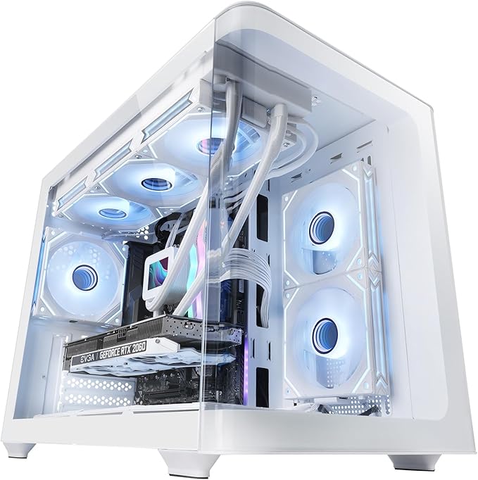 Mars Gaming MC-FUSIONM, Boîtier Gaming Micro-ATX, Fenêtre Latérale et Façade Verre Trempé Courbé Continu, Mini-Tour PC Double Chambre, Support Refroidissement Liquide, Espace Interne Optimisé, Blanc
