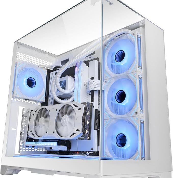 MARSGAMING MC-Vision, Boîtier Gaming ATX, Triple Verre Trempé Continu sans Cadre, Structure à Double Chambre, Compatible avec Cartes Mères à Connecteur Inversé, Support Refroidissement Liquide, Blanc