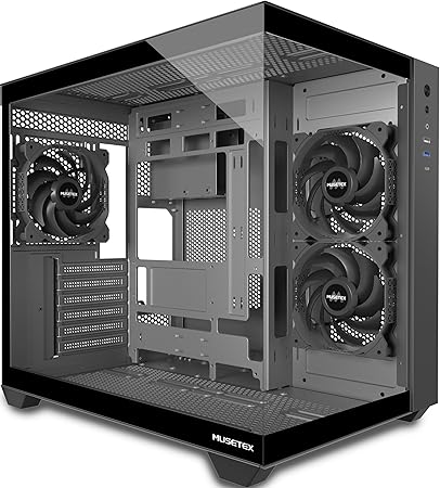 MUSETEX Boitier PC ATX, 3 Ventilateurs Non-LED préinstallés, Support RAD 360MM, Verre trempé 270° Full View Boitier Pc Gamer with Type-C, Boîtier d'ordinateur Mid Tower ATX, Noir, Y6
