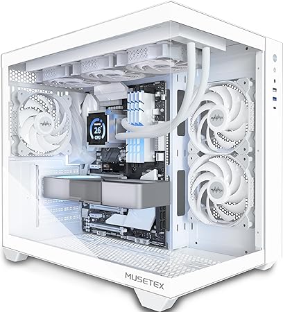 MUSETEX Boitier PC ATX, Support RAD 360MM, Verre trempé 270° Full View Boitier Pc Gamer with Type-C, 3 Ventilateurs 120mm préinstallés, Mid Tower Gaming Boîtiers PC, Blanc, Y6