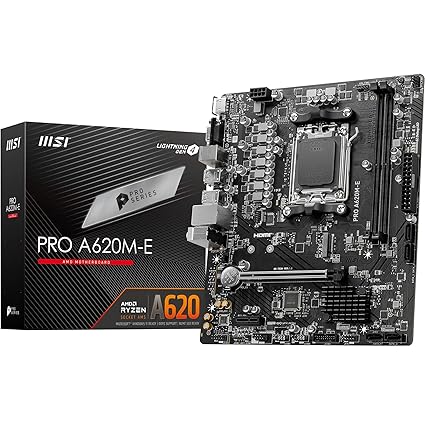 MSI Pro A620M-E Carte Mère Micro-ATX, pour Processeurs AMD Ryzen Série 7000, AM5 - DDR5 Memory Boost 6400+MHz/OC, 1 x PCIe 4.0 x16, 1 x M.2 Gen4