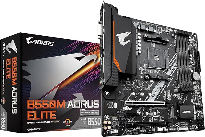 GIGABYTE B550M AORUS Elite Carte mère - Processeurs AMD Ryzen 5000, VRM 5+3 Phases, jusqu'à 4733 MHz DDR4, 1xPCIe 4.0 + 1xPCIe 3.0 M.2, LAN 1GbE, USB 3.2 Gen 1