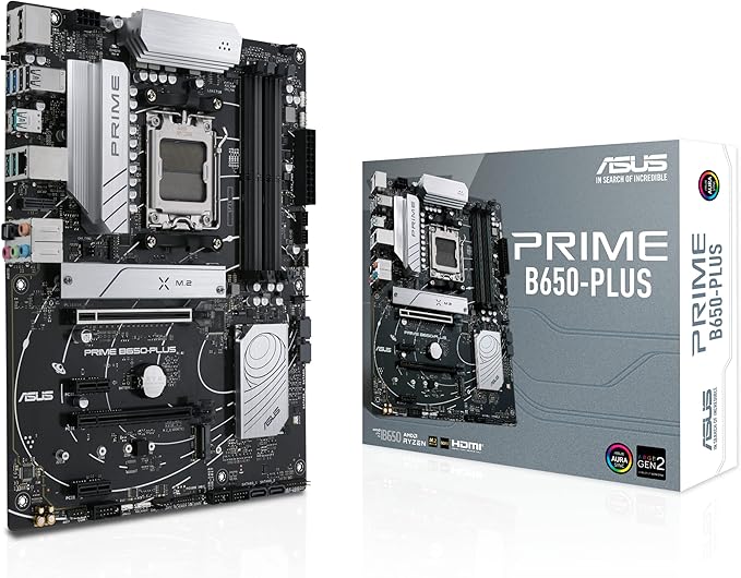 ASUS PRIME B650-PLUS – Carte mère AMD Ryzen AM5 ATX (DDR5, PCIe 5.0 M.2 support, 2.5Gb Ethernet, DisplayPort, HDMI, SATA 6 Gbps, USB 3.2 Gen 2 Type-C, front USB 3.2 Gen 1 Type-C, USB4, Arua Sync RGB)